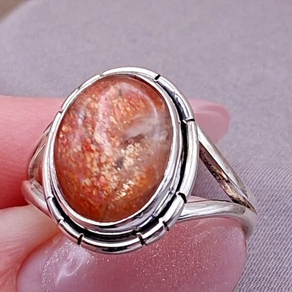 Sunstone Ring: Sterling Silver Split Band, Boho Hippie Style  Sunstone Ring Sterling Silver Size 7.5 Statement Split Shank Southwestern Boho